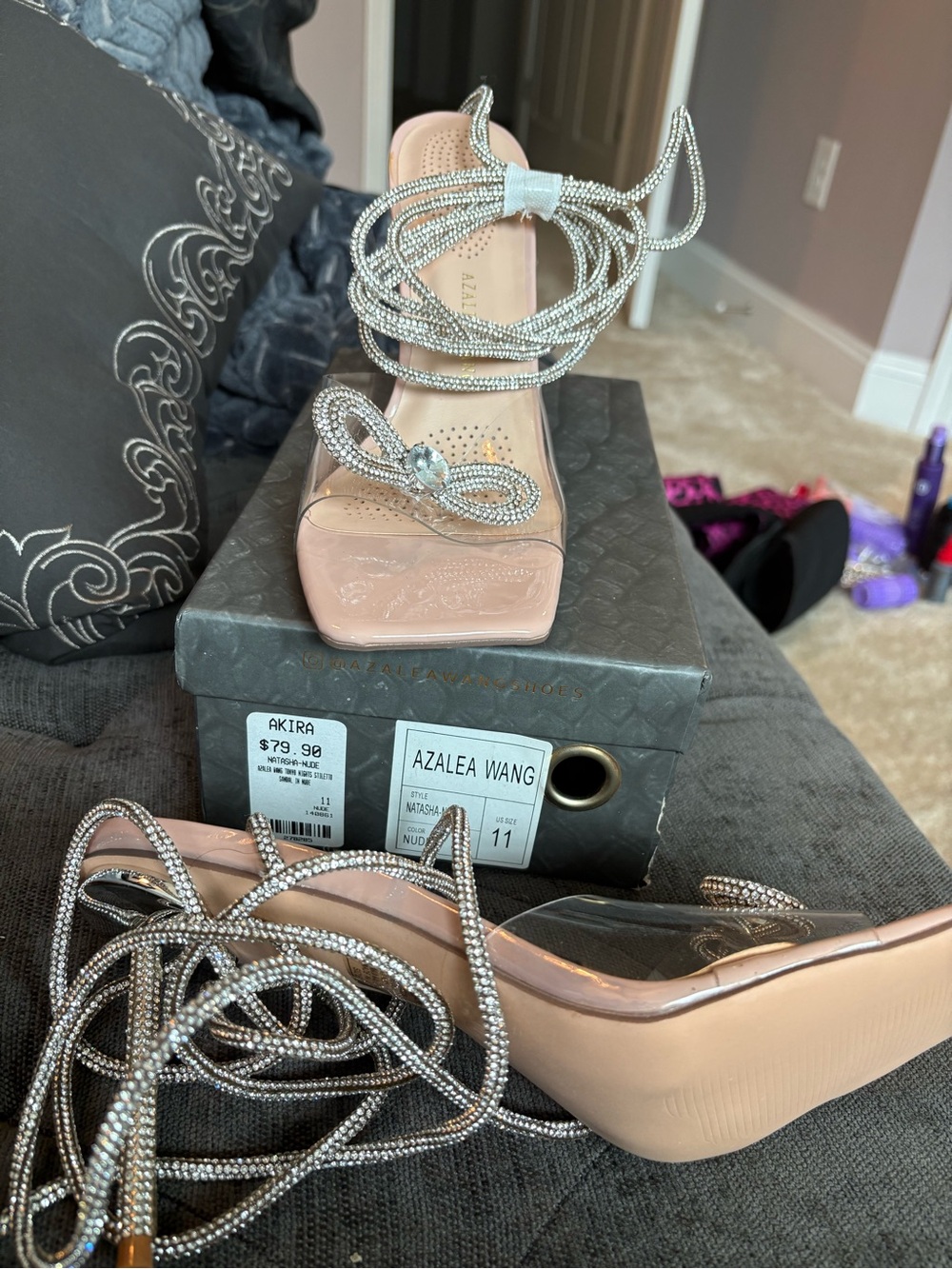 Nude Crystal Lace-Up Sandals
